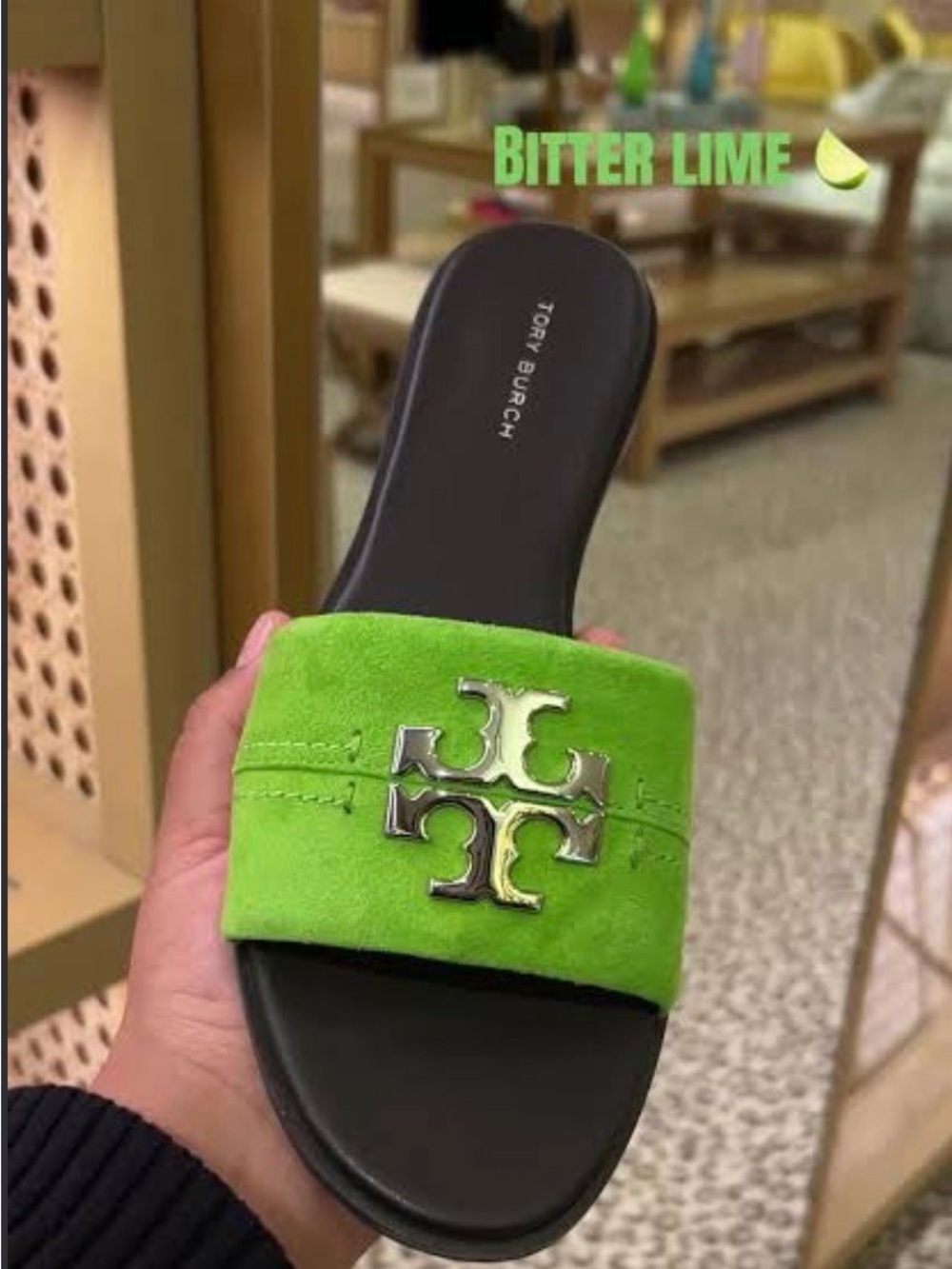 Tory Burch Bitter Lime Suede Slide with Metallic Logo